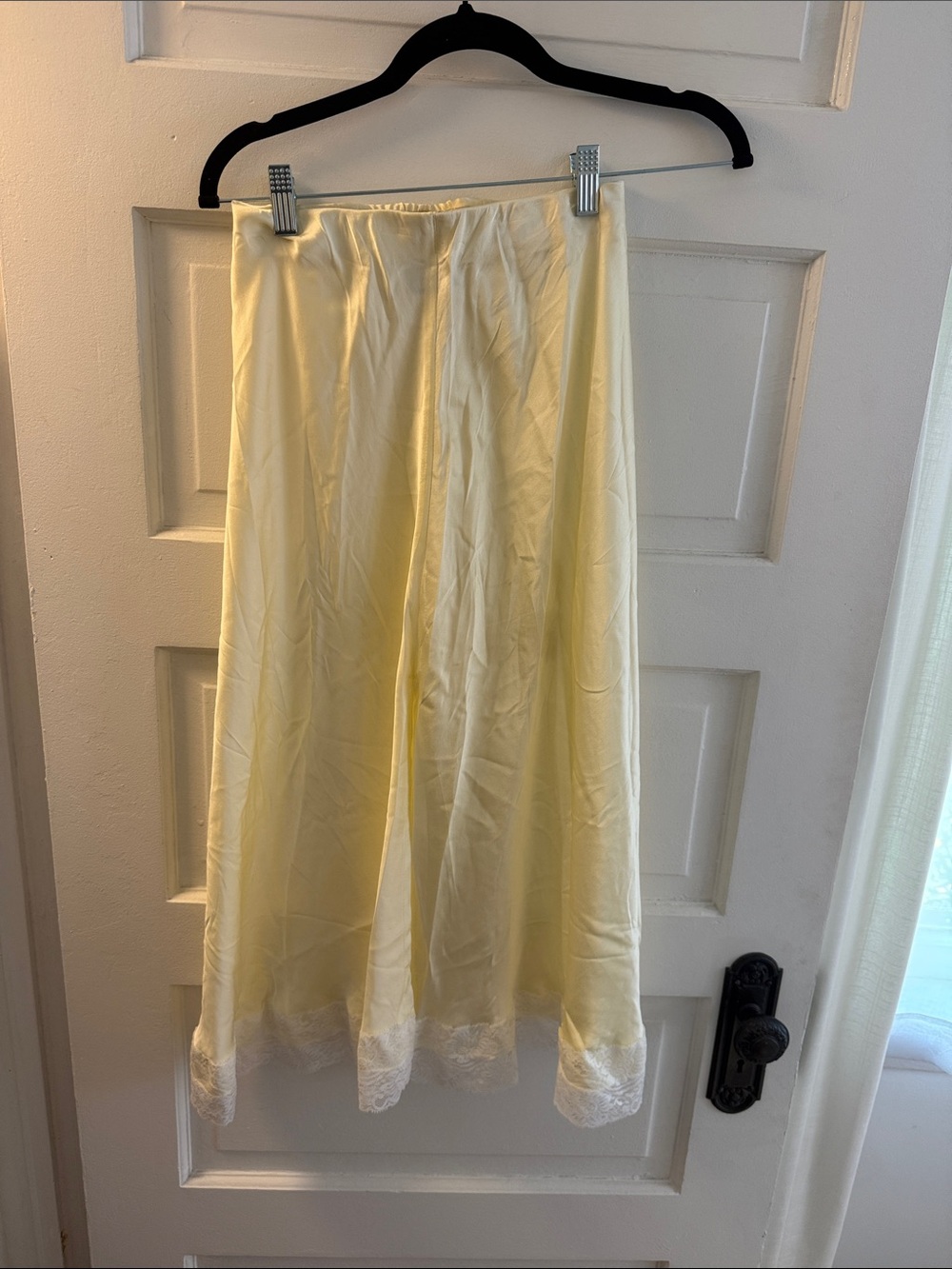 Women's Midi Slip Skirt in Pale Yellow with Lace Hem